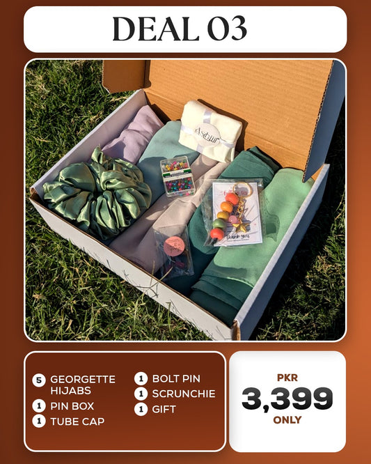 Ashii Deal 03 Premium Georgette Hijab Deal – 5 Hijabs + Accessories at Discounted Price