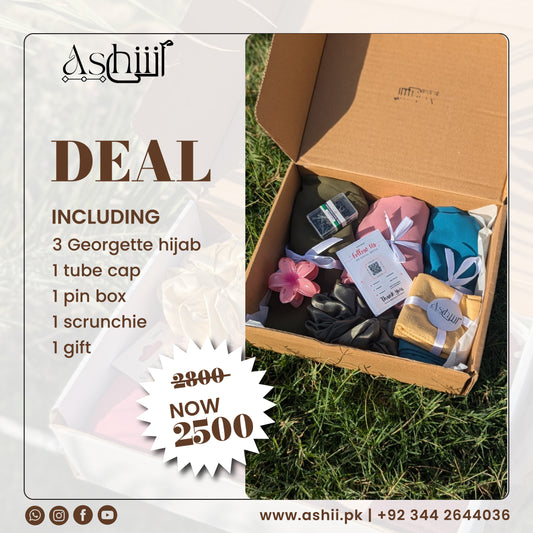 Affordable Hijab Gift Set – 3 Hijabs + Tube Cap + Pin Box