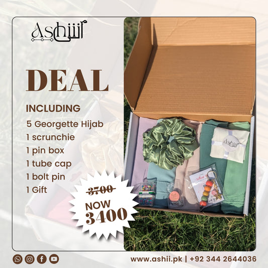 Ashiij Premium Georgette Hijab Deal – 5 Hijabs + Accessories at Discounted Price